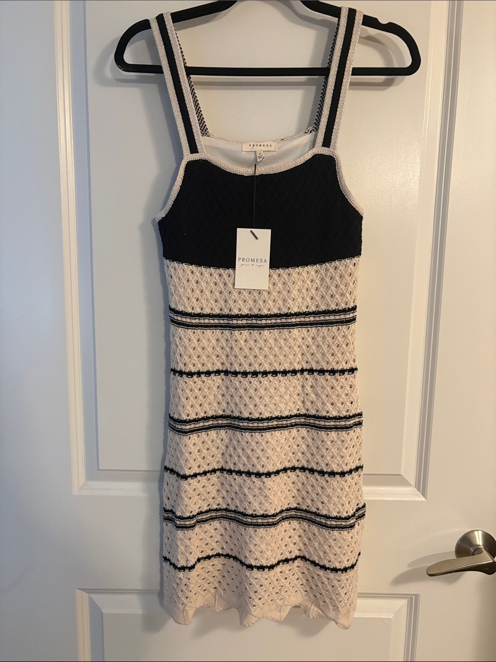 Promesa Black and Cream Striped Knit Mini Dress